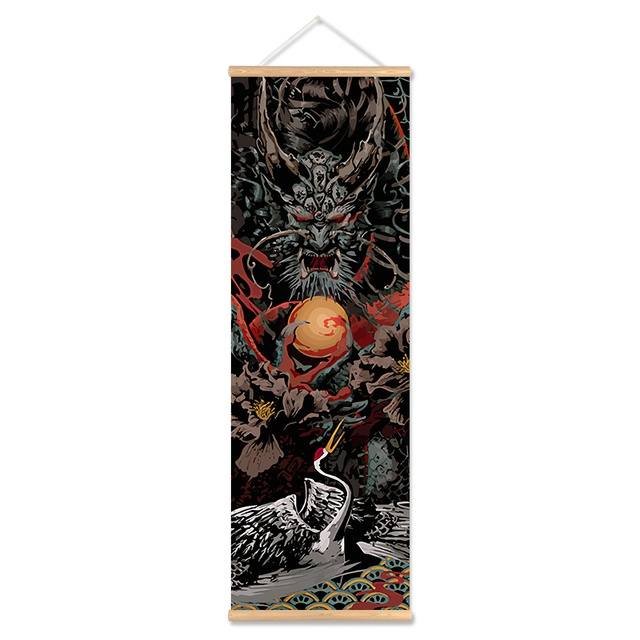 Kakemono-suspendu-japonais-dragon-samourai-ou-geisha-sur-fond-noir-picture-4