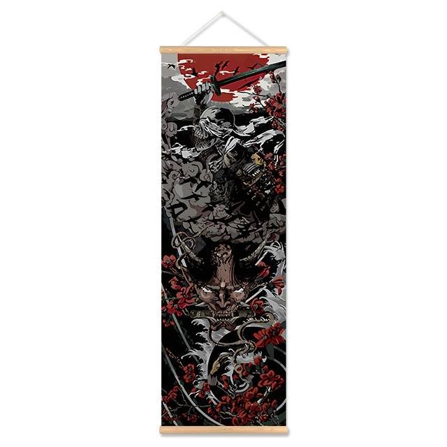 Kakemono-suspendu-japonais-dragon-samourai-ou-geisha-sur-fond-noir-picture-6