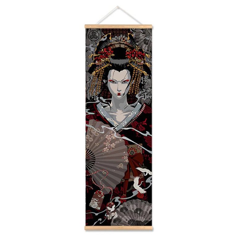 Kakemono-suspendu-japonais-dragon-samourai-ou-geisha-sur-fond-noir-picture-7
