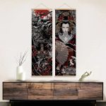 Kakemono-suspendu-japonais-dragon-samourai-ou-geisha-sur-fond-noir-picture-8