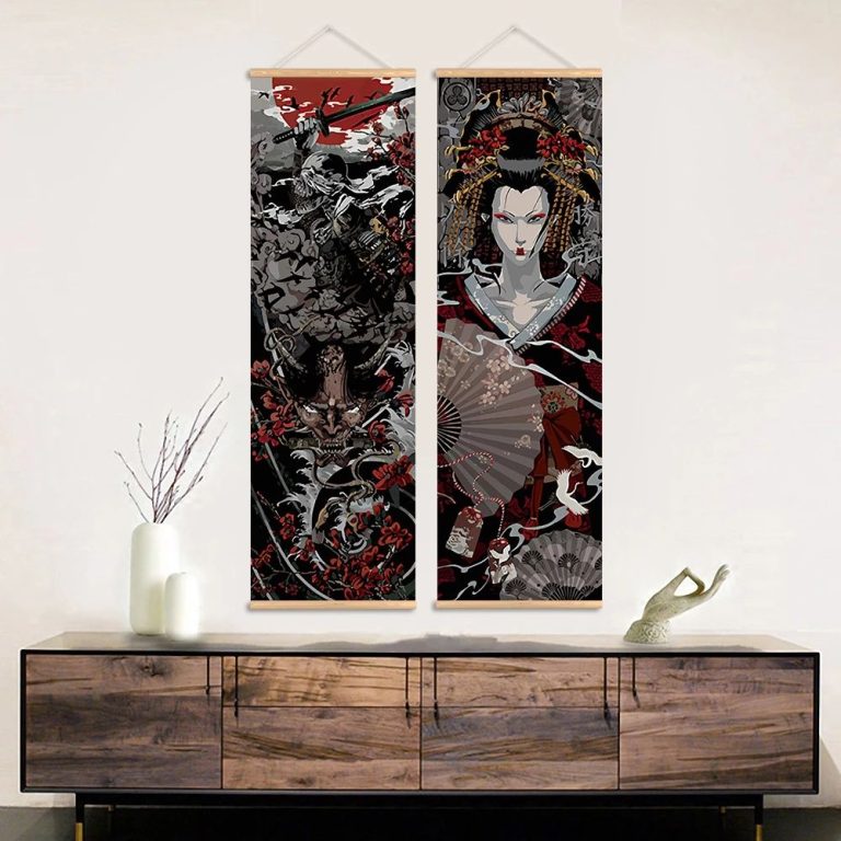 Kakemono-suspendu-japonais-dragon-samourai-ou-geisha-sur-fond-noir-picture-8