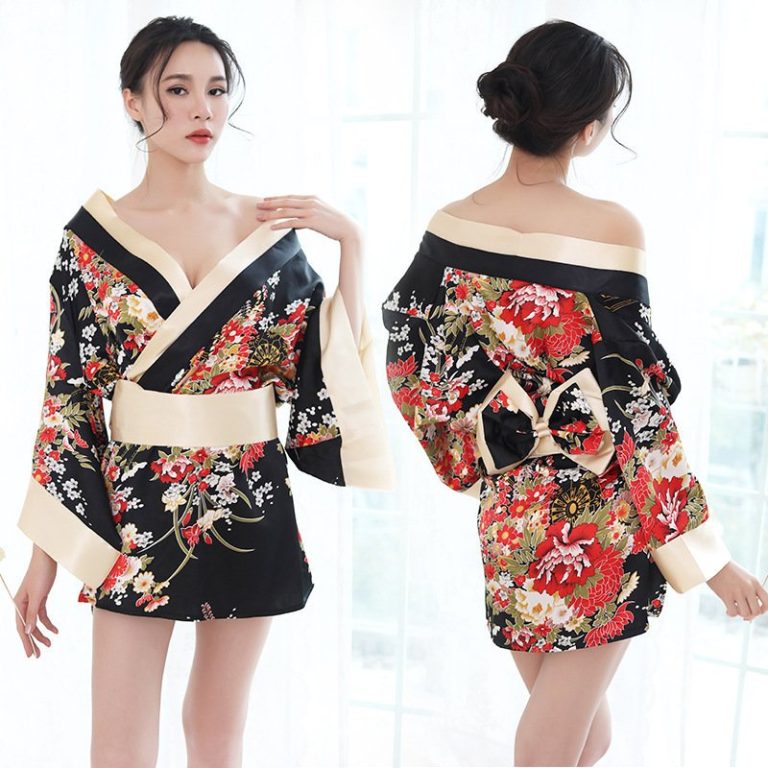 Kimono satin femme à encolure en V avec ceinture obi et motifs floraux