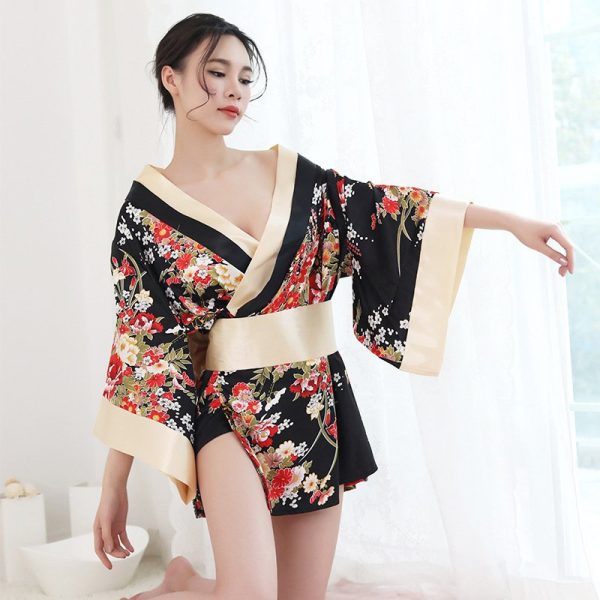Kimono satin femme à encolure en V avec ceinture obi et motifs floraux