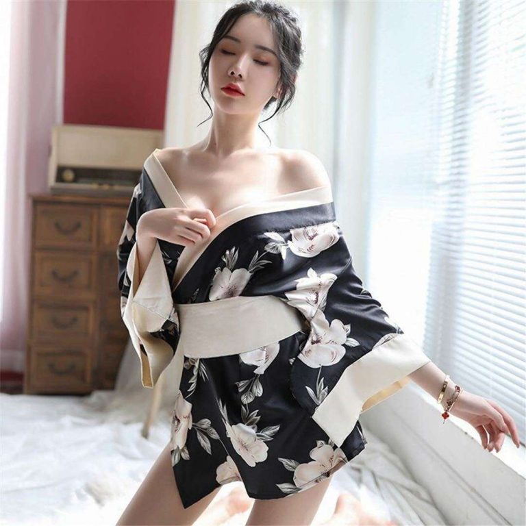 Kimono satin femme à encolure en V avec ceinture obi et motifs floraux