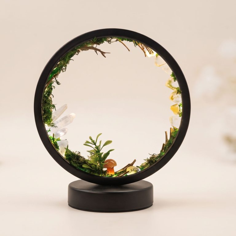 Lampe-dambiance-relaxante-a-anneau-lumineux-avec-cristaux-et-mousse-verte-miniature