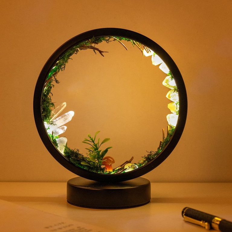 Lampe-dambiance-relaxante-a-anneau-lumineux-avec-cristaux-et-mousse-verte-picture-1