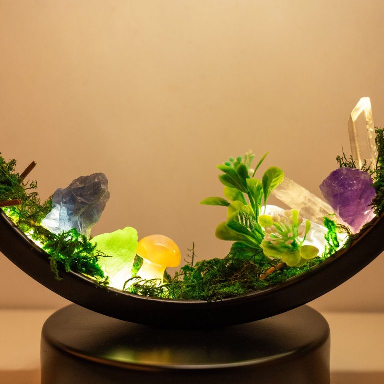 Lampe-dambiance-relaxante-a-anneau-lumineux-avec-cristaux-et-mousse-verte-picture-5