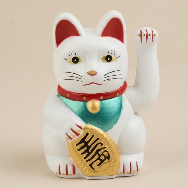 Maneki neko à patte droite mobile avec bavoir turquoise et clochette dorée