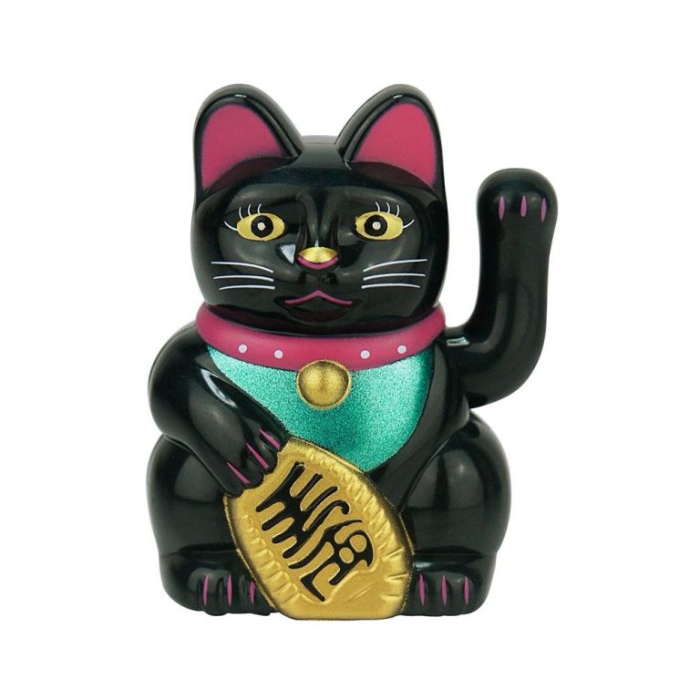 Maneki neko à patte droite mobile avec bavoir turquoise et clochette dorée - Noir