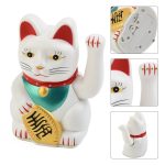 Maneki neko à patte droite mobile avec bavoir turquoise et clochette dorée