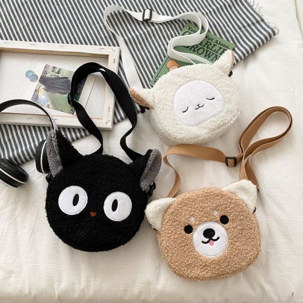 Mini sac kawaii en peluche bouclée et laineuse à forme de tête d'animal