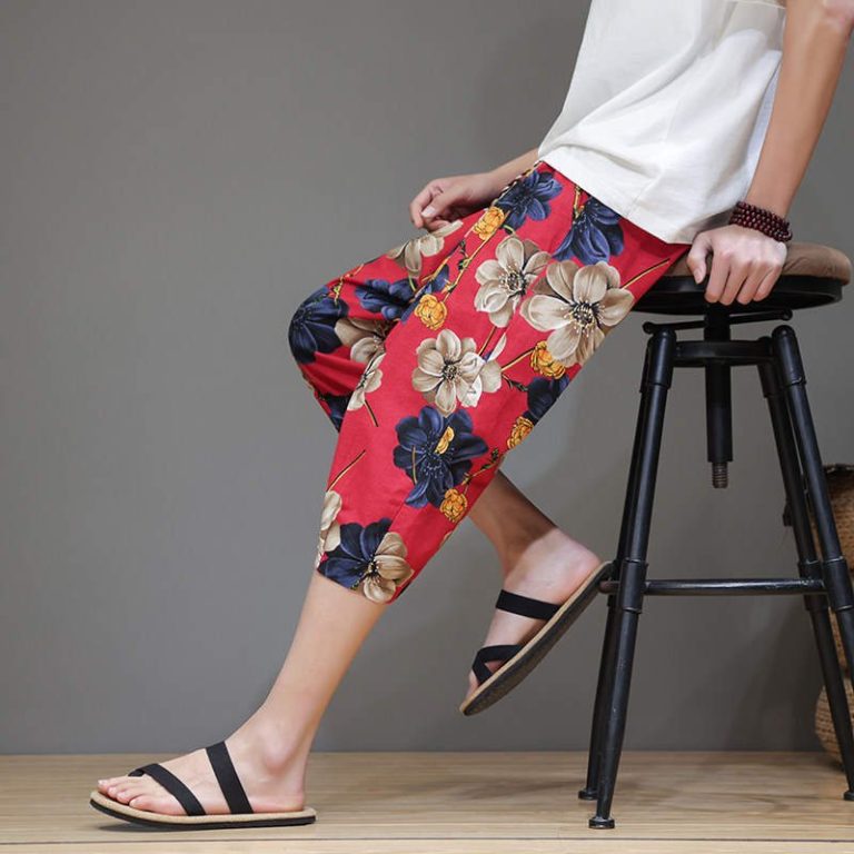 Pantacourt-large-homme-a-motifs-floraux-coupe-sarouel-et-taille-elastique-picture-7