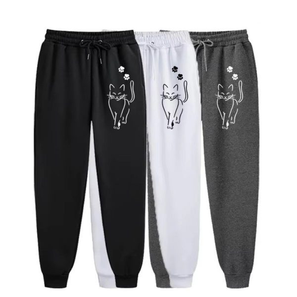 Pantalon de jogging baggy décontracté orné d'un chat en dessin au trait avec poches latérales