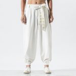 Pantalon-hakama-decontracte-en-coton-lin-a-taille-elastiquee-et-broderies-dorees-picture-1