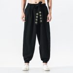 Pantalon-hakama-decontracte-en-coton-lin-a-taille-elastiquee-et-broderies-dorees-picture-2