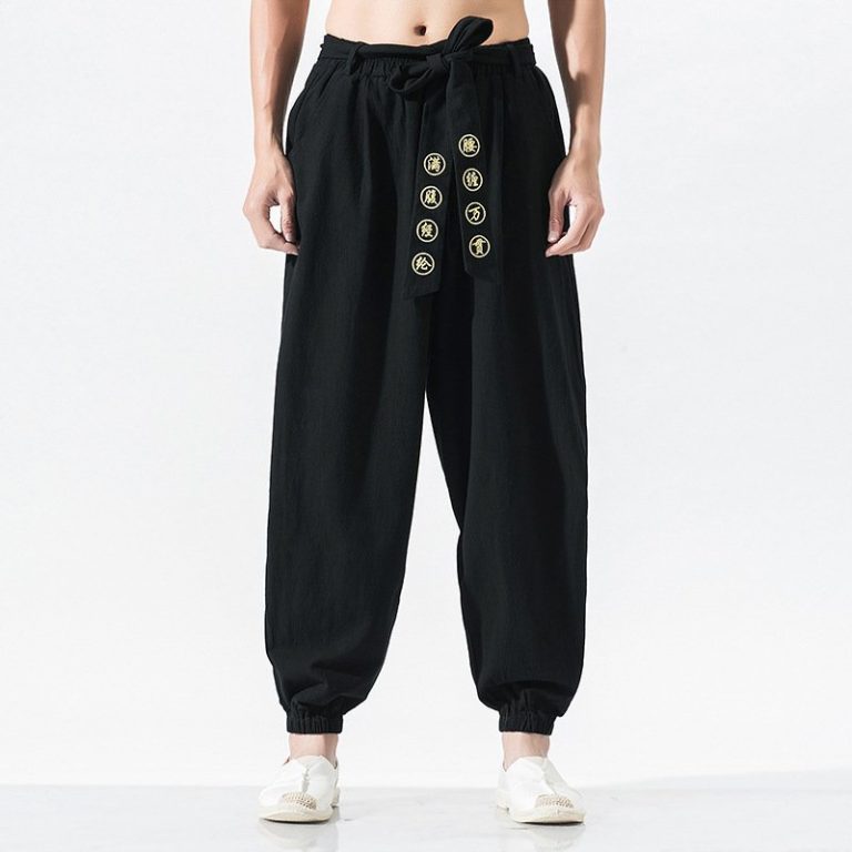 Pantalon-hakama-decontracte-en-coton-lin-a-taille-elastiquee-et-broderies-dorees-picture-2