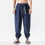 Pantalon-hakama-decontracte-en-coton-lin-a-taille-elastiquee-et-broderies-dorees-picture-3
