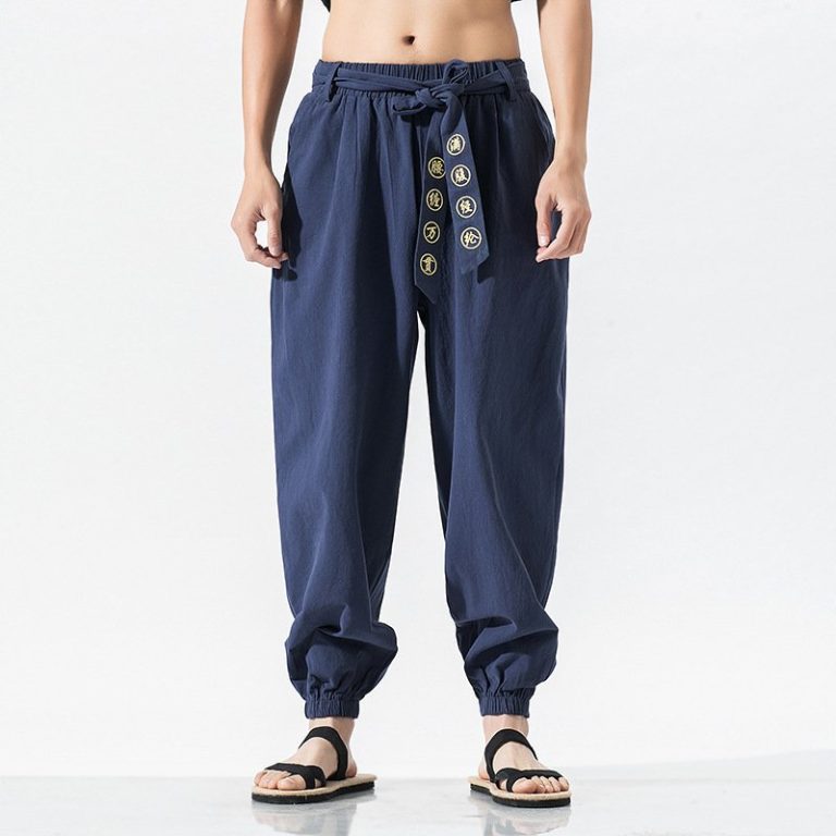 Pantalon-hakama-decontracte-en-coton-lin-a-taille-elastiquee-et-broderies-dorees-picture-3