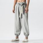 Pantalon-hakama-decontracte-en-coton-lin-a-taille-elastiquee-et-broderies-dorees-picture-4