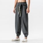 Pantalon-hakama-decontracte-en-coton-lin-a-taille-elastiquee-et-broderies-dorees-picture-5