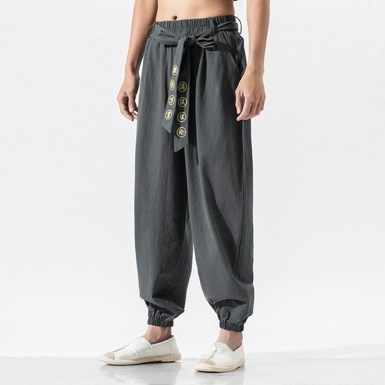 Pantalon-hakama-decontracte-en-coton-lin-a-taille-elastiquee-et-broderies-dorees-picture-5