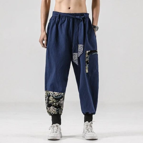 Pantalon streetwear japonais à motifs de dragons et vagues