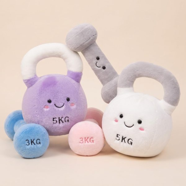 Peluche kettlebell et haltère à visage souriant pour décorer un coin sport