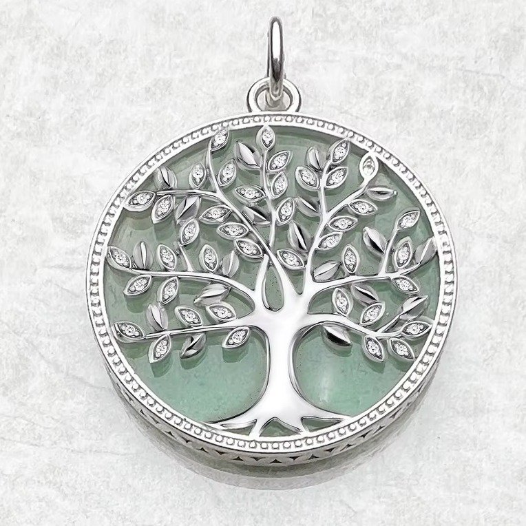 Pendentif arbre de vie en argent 925 avec pierre verte et zirconium