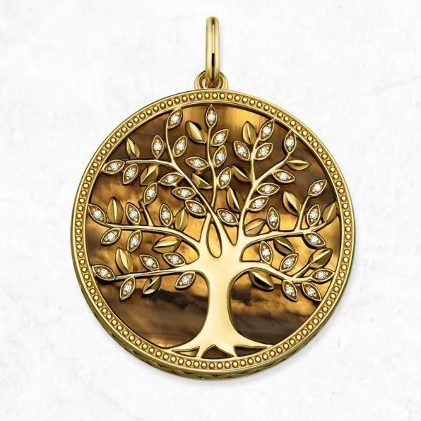 Pendentif doré d'arbre de vie en argent avec incrustation de pierres et fond œil de tigre