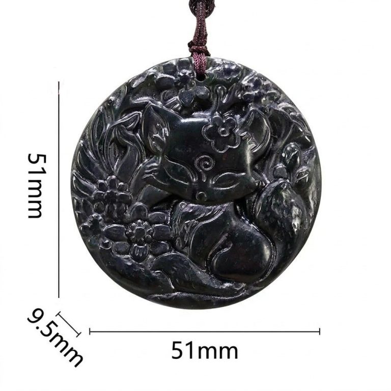 Pendentif jade rond sculpté au motif de renard fleuri – 591289 (1)