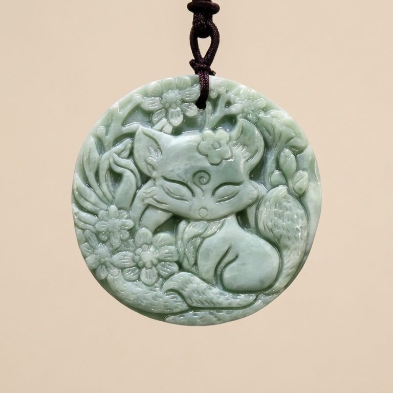 Pendentif-jade-rond-sculpte-au-motif-de-renard-fleuri-miniature