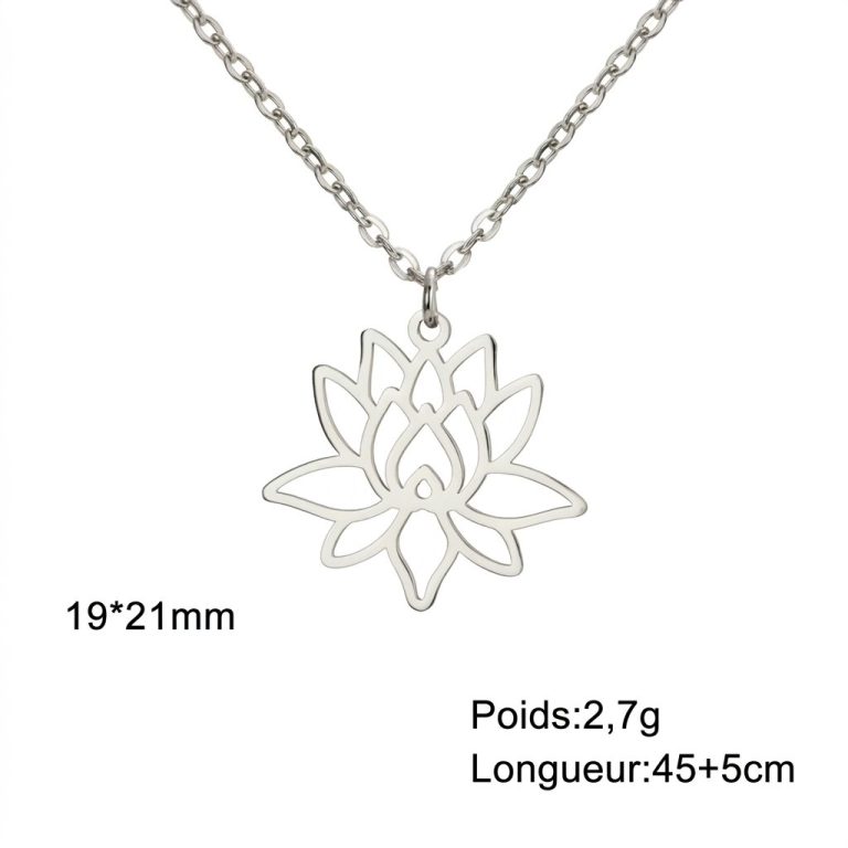 Pendentif-lotus-epure-en-acier-inoxydable-sur-chaine-fine-pour-femme-Argente-Chaine-Simple