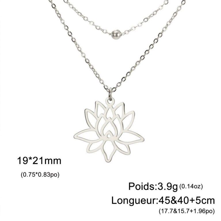 Pendentif-lotus-epure-en-acier-inoxydable-sur-chaine-fine-pour-femme-Argente-Double-Chaine