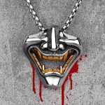 Pendentif-masque-oni-en-acier-316L-avec-machoire-et-crocs-dores-picture-1