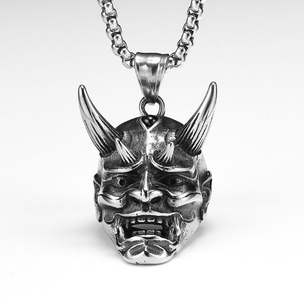 Pendentif oni en acier inoxydable avec masque démoniaque aux cornes recourbées, style japonais