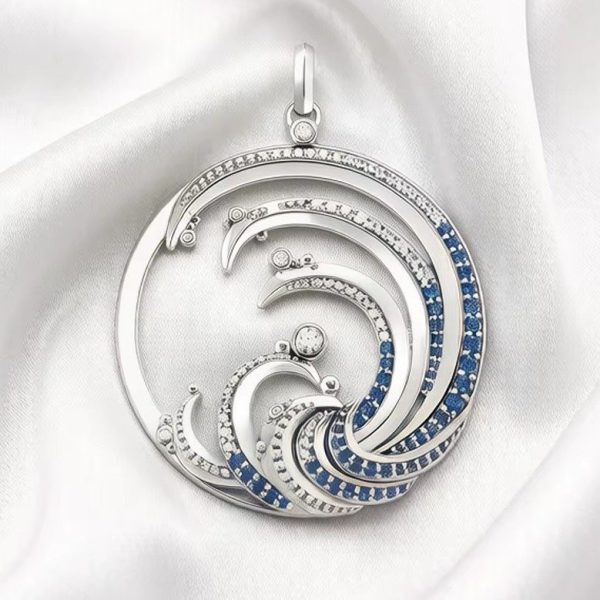 Pendentif rond zircone bleue en argent 925 à motif de vague
