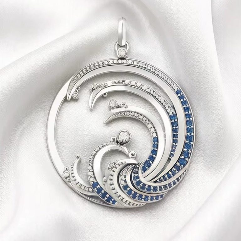 Pendentif rond zircone bleue en argent 925 à motif de vague