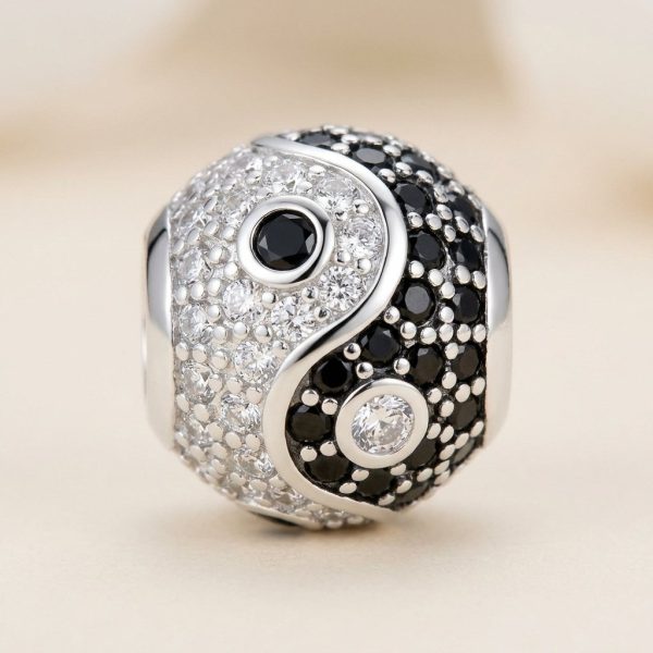 Perle pour yin yang en argent avec pavage contrasté de zirconiums