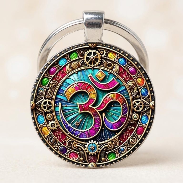 Porte-clé Om en verre bombé avec mandala steampunk et engrenages dorés