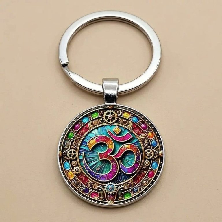 Porte-clé Om en verre bombé avec mandala steampunk et engrenages dorés