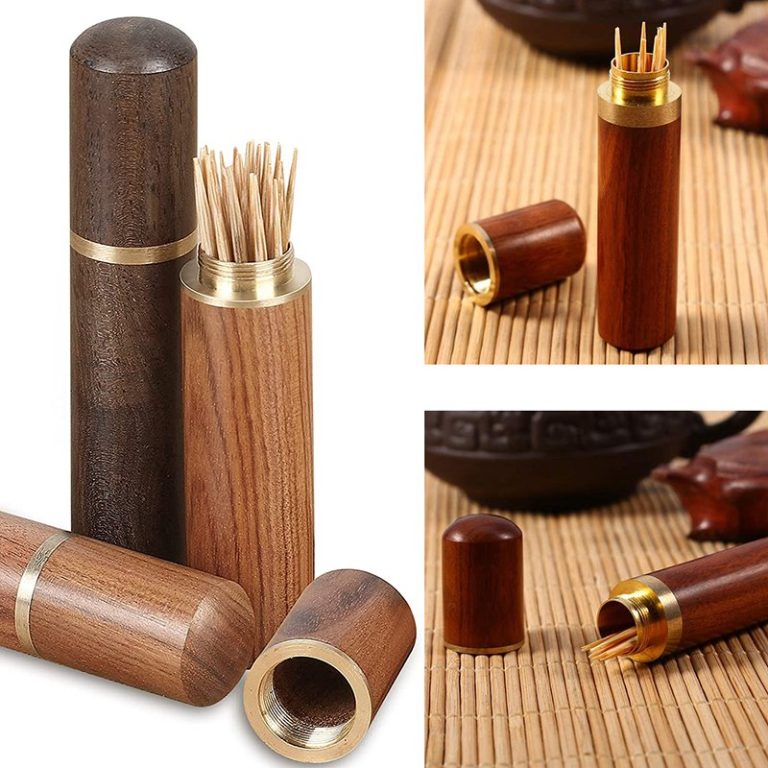 Porte-cure-dents-pelican-en-bois-naturel-avec-bande-decorative-en-laiton-dore-picture-8