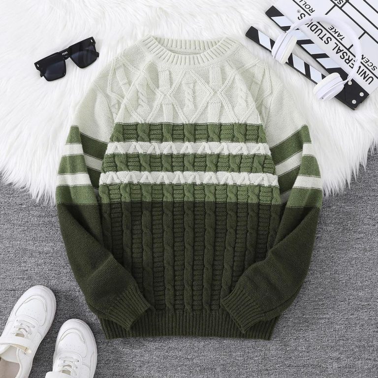 Pull-en-maille-torsadee-et-rayee-a-col-rond-pour-lhiver-picture-1