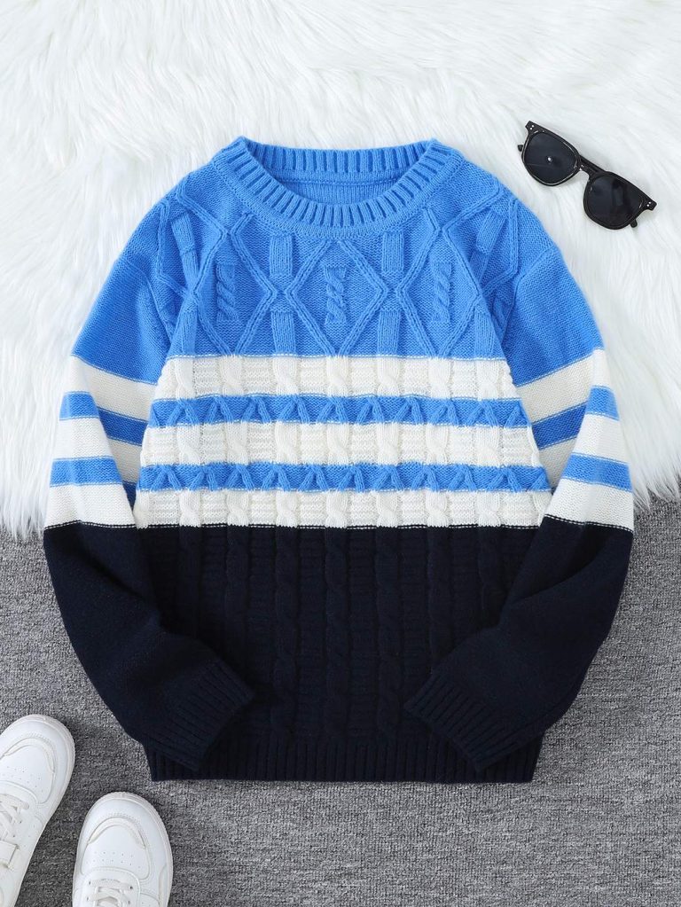 Pull-en-maille-torsadee-et-rayee-a-col-rond-pour-lhiver-picture-2