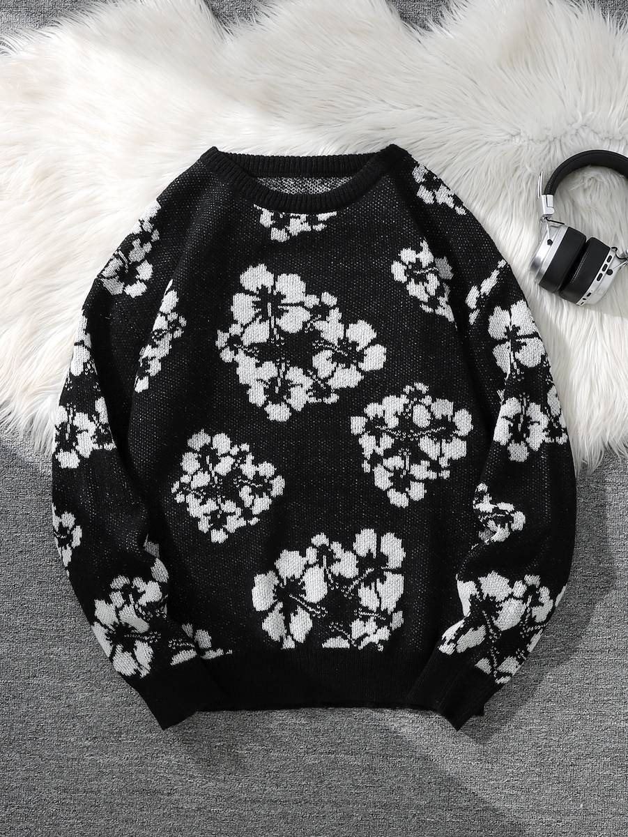 Pull-floral-geometrique-en-laine-polyester-a-manches-longues-et-col-rond-picture-1