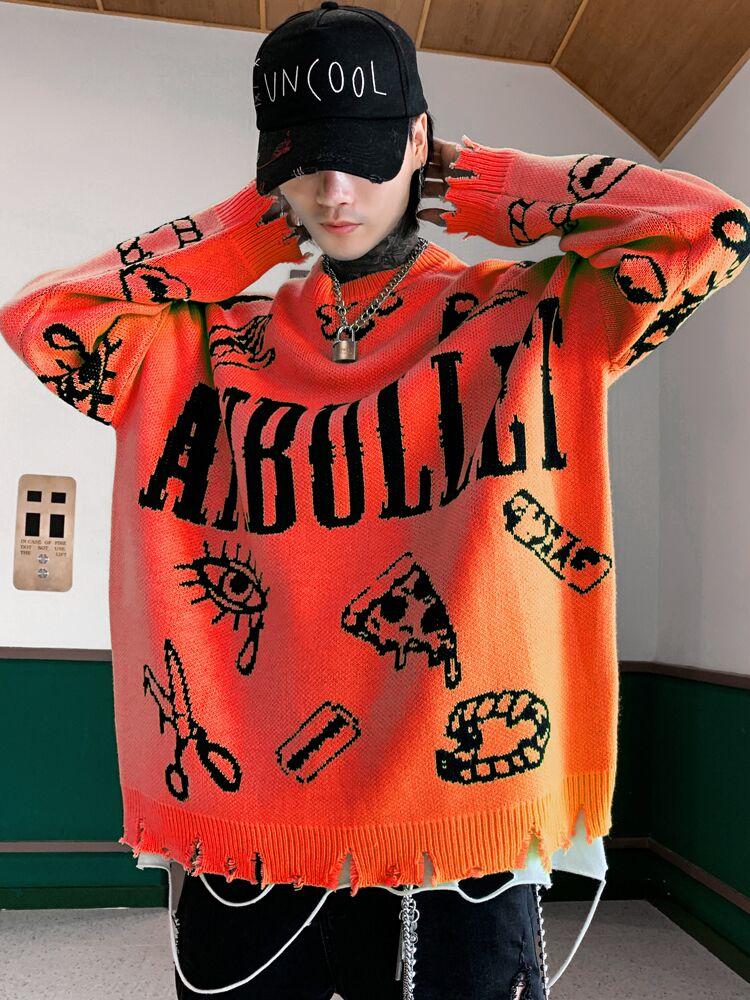 Pull-maille-oversize-streetwear-orne-de-symboles-punk-et-de-finitions-destructur-picture-11
