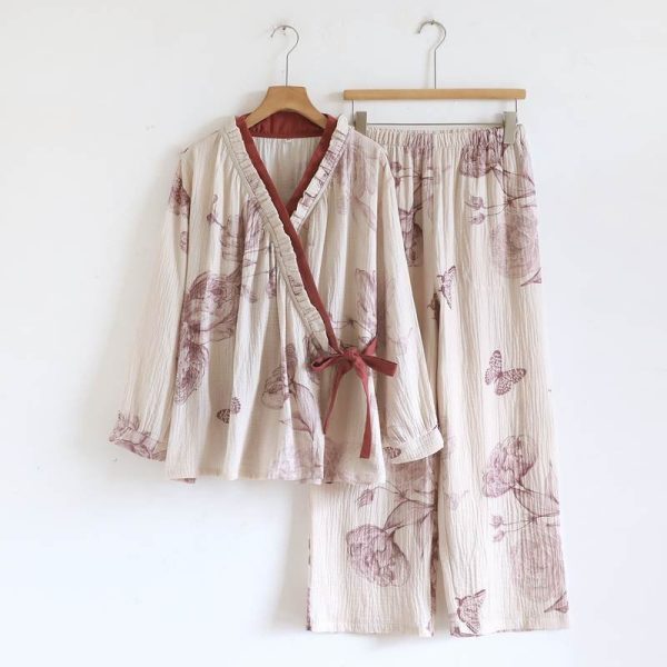 Pyjama kimono femme gaze de coton pivoines