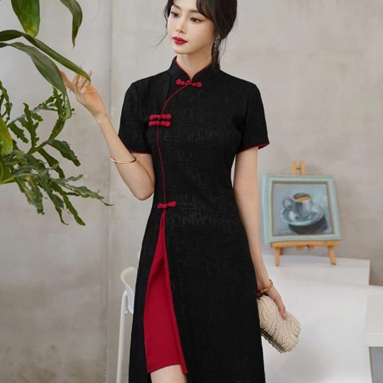 Robe-chinoise-grande-taille-a-col-mandarin-et-fente-laterale-contrastante-picture-1