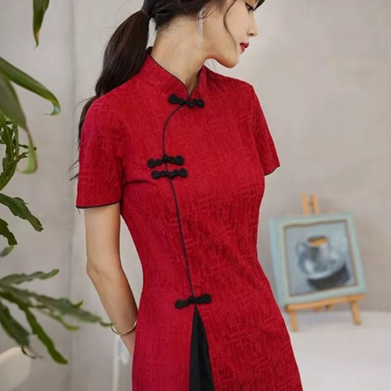 Robe-chinoise-grande-taille-a-col-mandarin-et-fente-laterale-contrastante-picture-2
