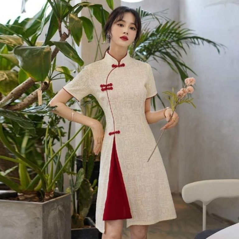 Robe-chinoise-grande-taille-a-col-mandarin-et-fente-laterale-contrastante-picture-3