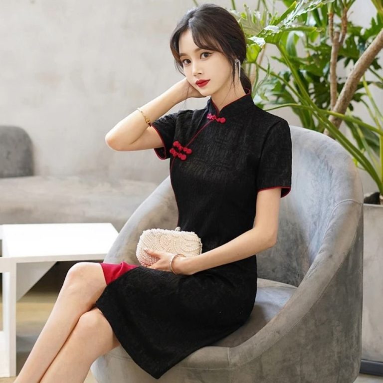 Robe-chinoise-grande-taille-a-col-mandarin-et-fente-laterale-contrastante-picture-5